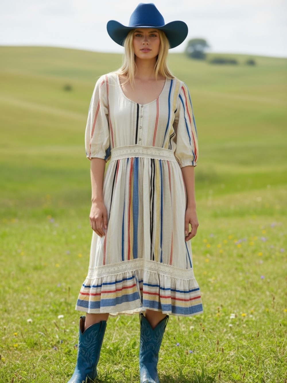 Zara Cream Midi Dress with Blue, Red & Tan Stripes